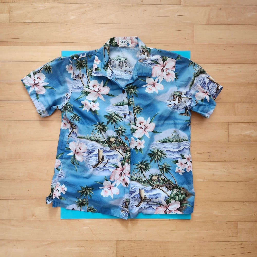 Vintage Hawaiian Shirt Floral  blue waves sailboat‎ Summer Tropical Kys Mens M - Picture 2 of 6
